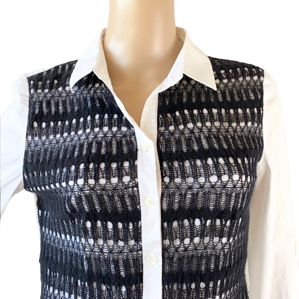 Lafayette 148 Women White Black Lace Long Sleeves Collared Button Front Blouse 6 - Picture 2 of 6